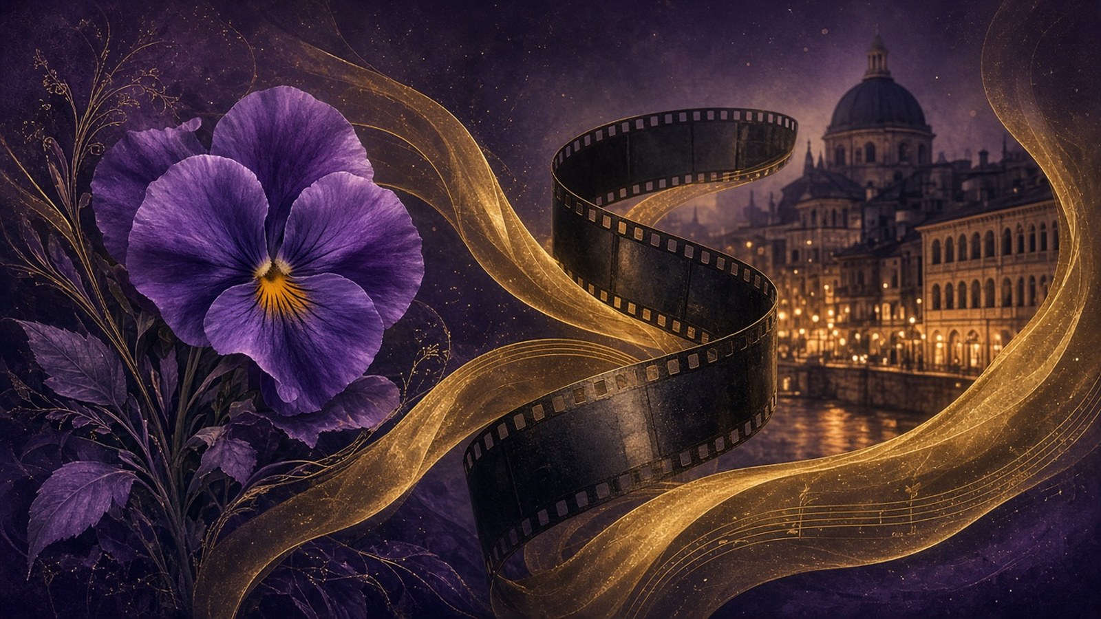 Symbolic violet flower, golden musical score ribbons and film strip over an amber Italian night skyline, no people