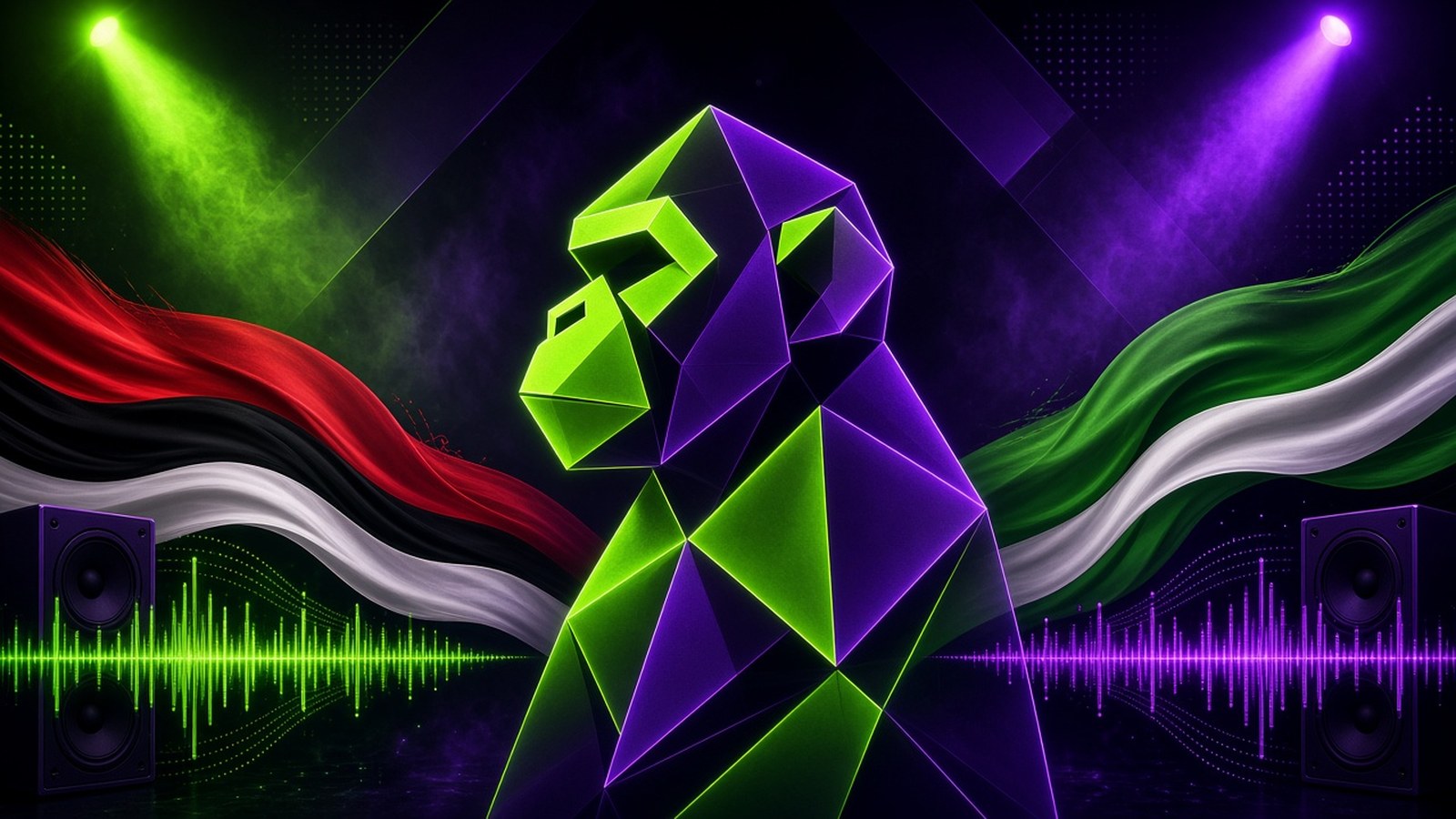 Symbolic geometric neon ape silhouette with abstract red green black white ribbon waves and speaker waveforms, no people