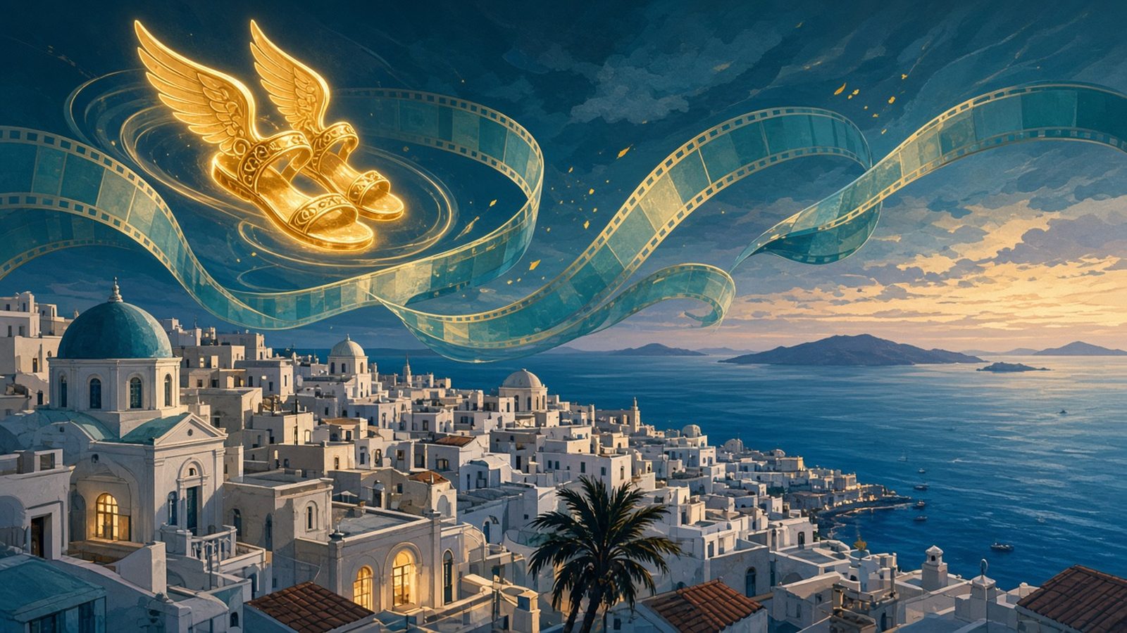 Hermes winged sandals and film ribbon over Hermoupolis rooftops and Aegean sea at dusk, no people