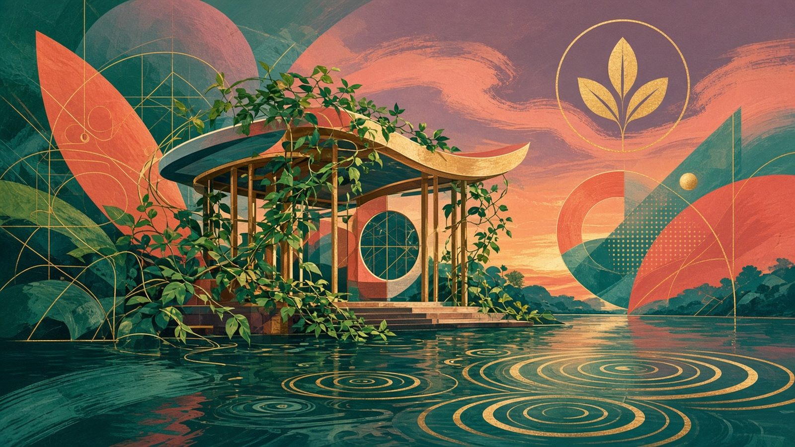 Vine-wrapped design pavilion over Mekong ripples with geometric leaf motifs at tropical dusk, no people