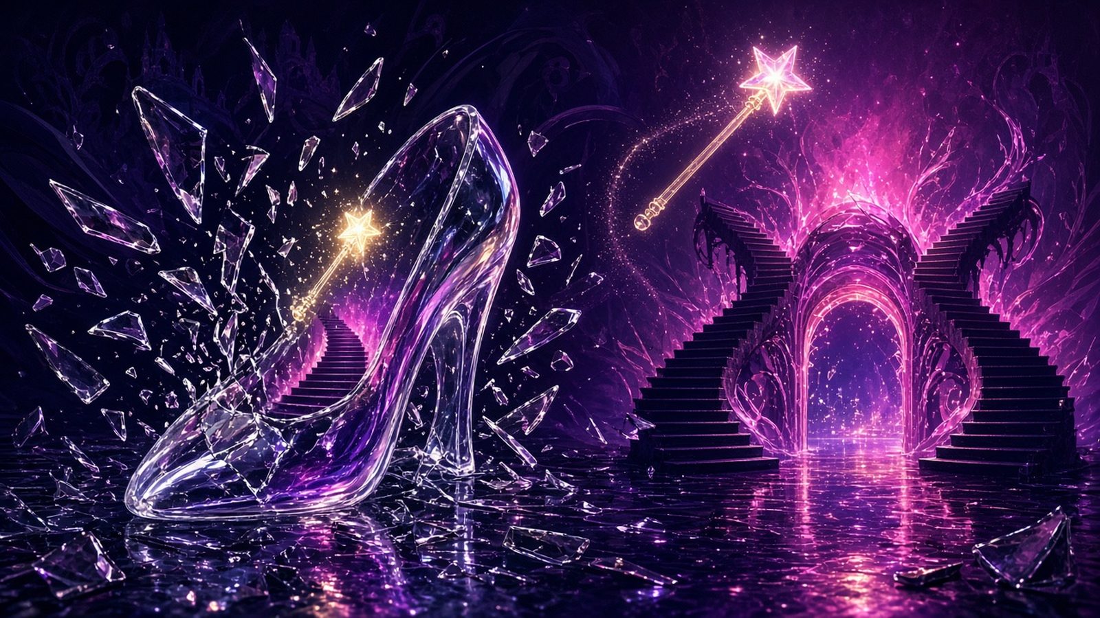 Shattered glass slipper and twin glowing wands before inverted neon ballroom staircases, no people