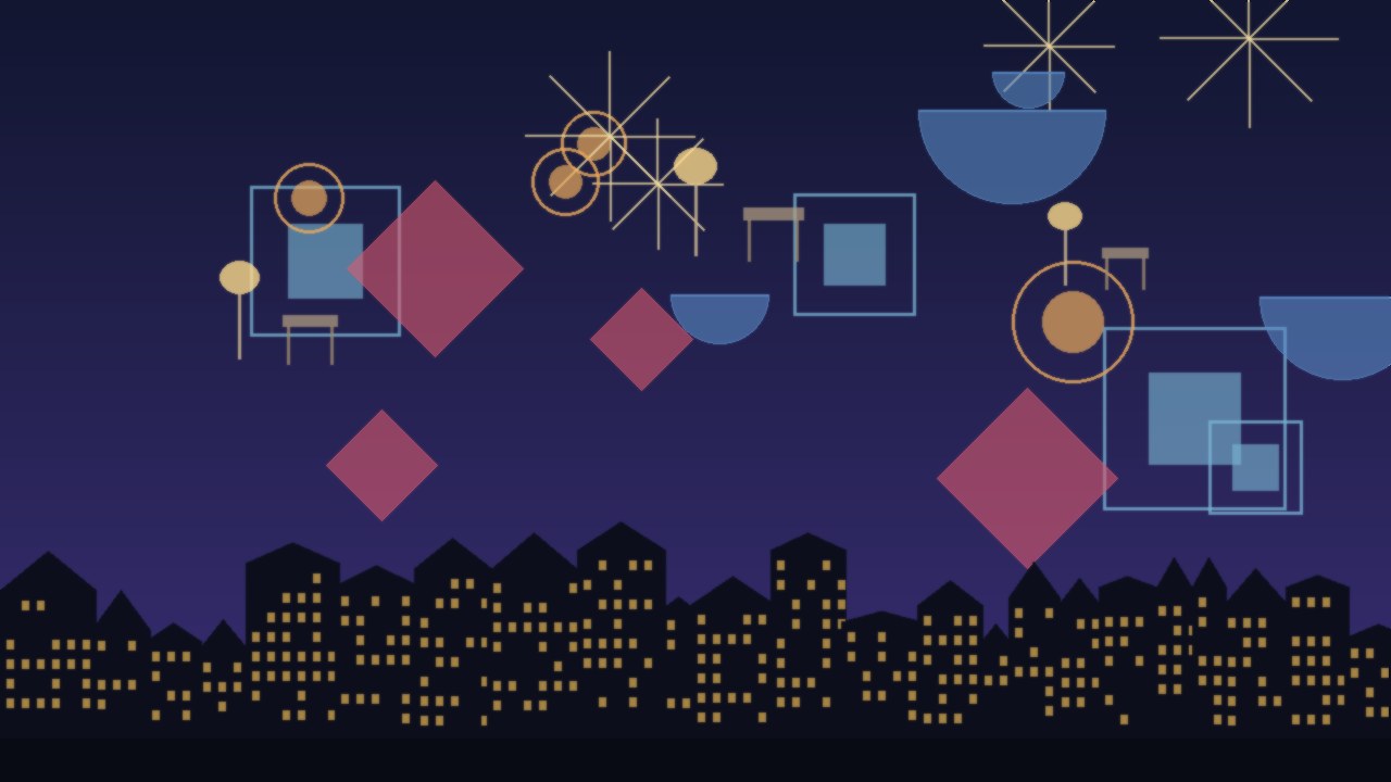 Abstract geometric anniversary patterns and floating design objects over Vienna rooftops silhouette at dusk, no people