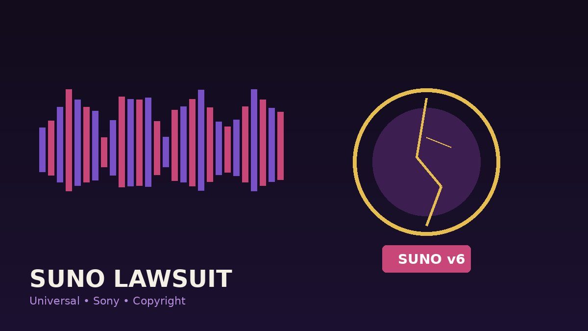 Editorial cover: purple audio waveform beside a cracked golden disc labelled Suno v6 for Universal Sony copyright lawsuit.