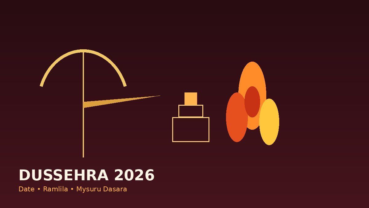 Editorial cover: golden bow and arrow with stylised festival flames and Dasara howdah blocks for Dussehra 2026 Vijayadashami guide.