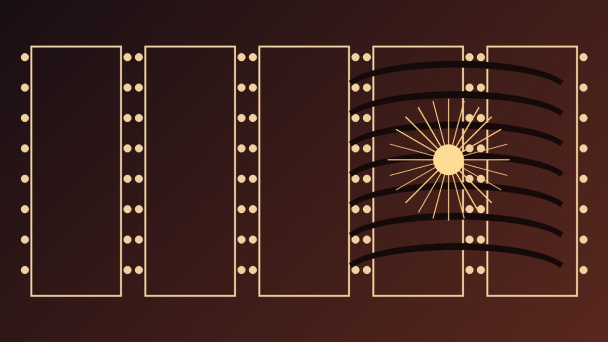 Editorial cover: abstract film-strip frames and geometric tiger-stripe arcs for NYFF 2026 Paper Tiger opening night.