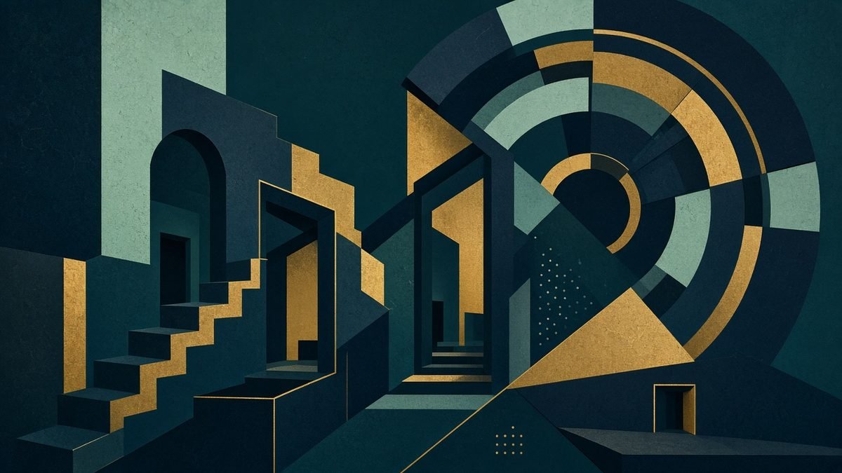 Editorial cover: abstract maze of doorways and fractured clock rings suggesting trust and suspicion for Shaque Netflix thriller.