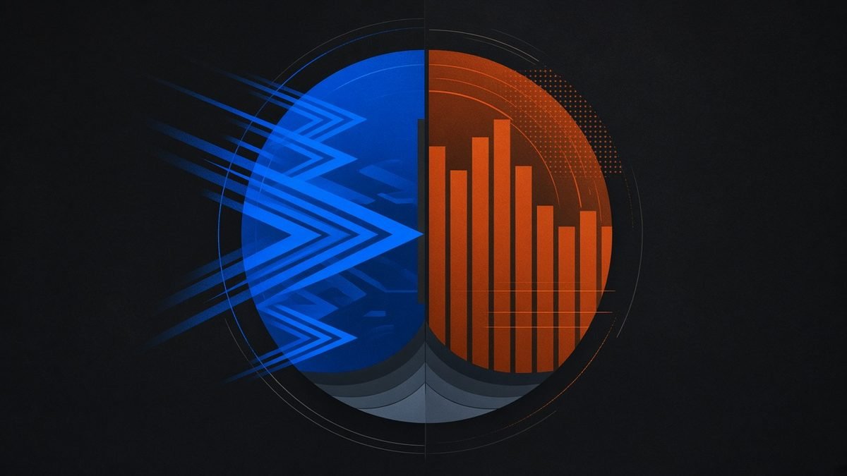 Editorial cover: split abstract dial between racing arrows and braking bars for the 2026 AI slowdown debate.