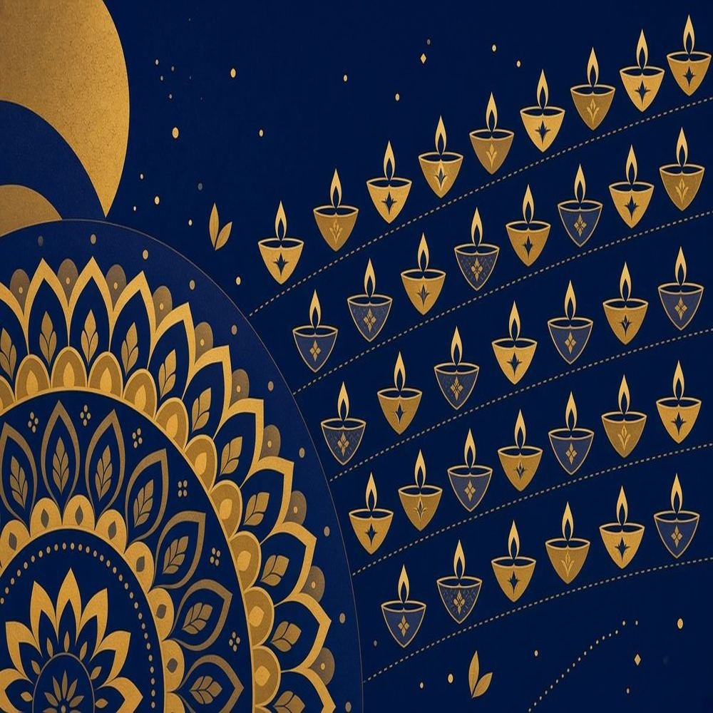 Editorial cover: rows of geometric diyas and rangoli arcs on deep indigo for Diwali 2026 date guide.