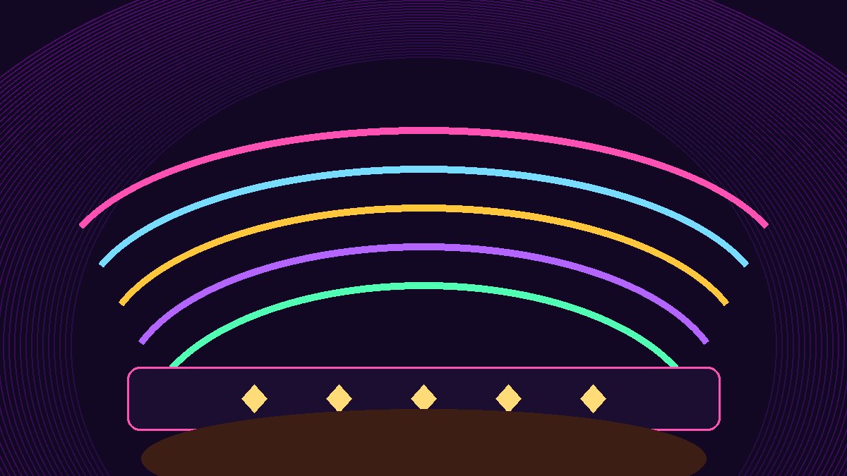 Editorial cover: five interlocking neon arcs over a desert-violet arena silhouette for LE SSERAFIM iHeartRadio 2026 first girl-group set.