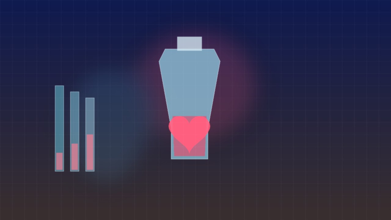 Editorial cover: lab flask with rose liquid and a geometric heart, cool blue backdrop for Love Hypothesis on Prime Video.