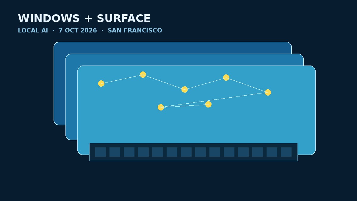 Editorial cover: stacked cyan device planes with yellow AI nodes on deep teal for Microsoft Surface event October 7.