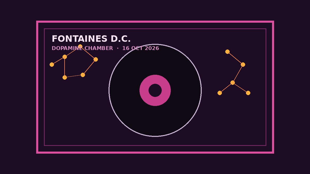 Editorial cover: magenta chamber frame around a vinyl disc with amber molecule nodes for Fontaines D.C. Dopamine Chamber.