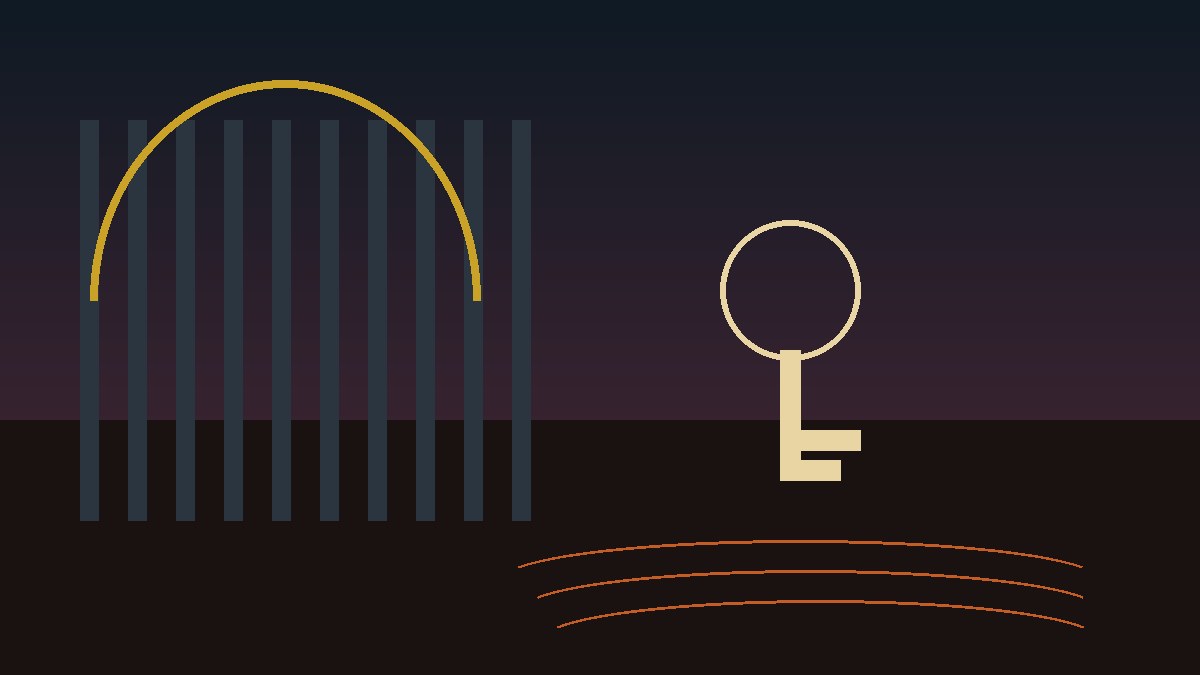 Editorial cover: abstract prison-bar gate and golden key silhouette on dusk navy for Tyler Perry Doing Life Netflix.