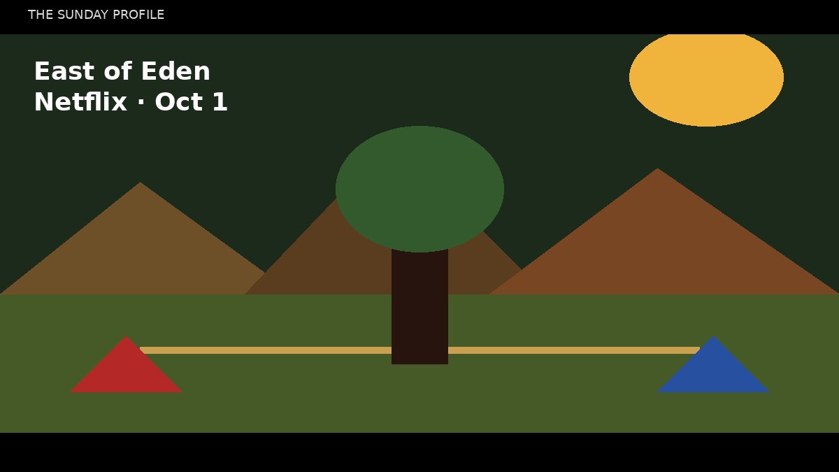 Editorial cover: Salinas valley hills, orchard tree and twin abstract peaks in dusk green-gold for East of Eden Netflix.