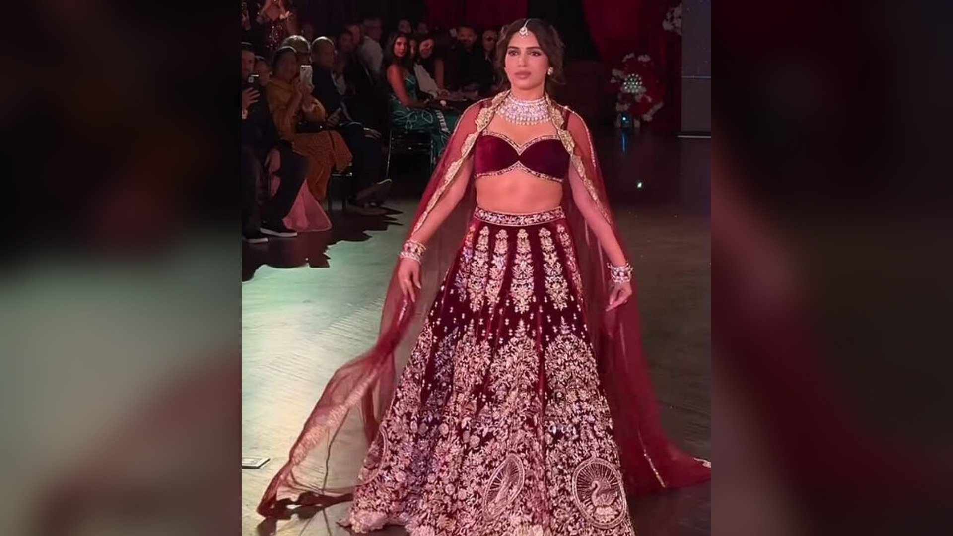 Bhumi Pednekar in Nazranaa maroon velvet Belur Math lehenga at NYFW 2026