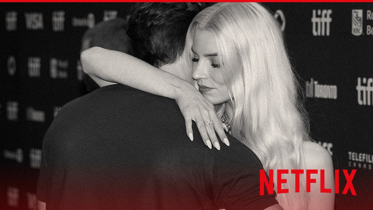 Editorial cover: real TIFF 2025 press photo of Chris Evans and Anya Taylor-Joy with Netflix wordmark for Sacrifice Netflix.