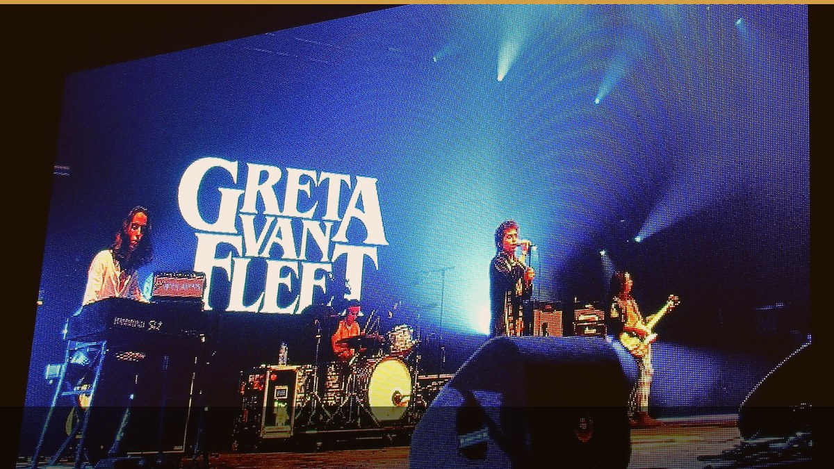 Editorial cover: real Greta Van Fleet Pinkpop 2018 stage photograph graded for Palace for the People album guide.