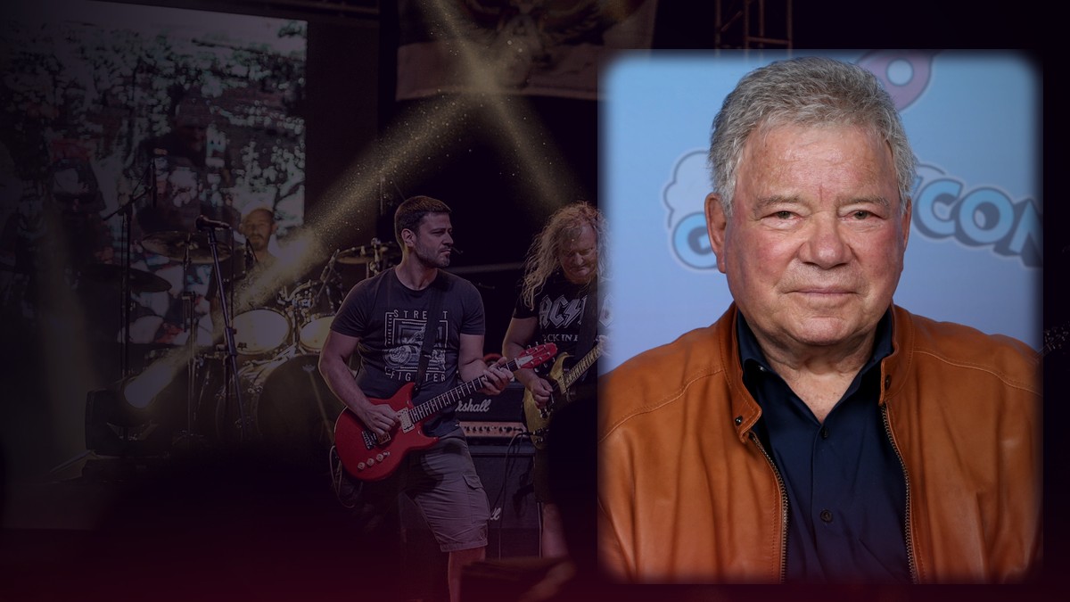 Editorial cover: real Wikimedia photo of William Shatner composited on dark photoreal concert stage for Riot Fest metal debut.