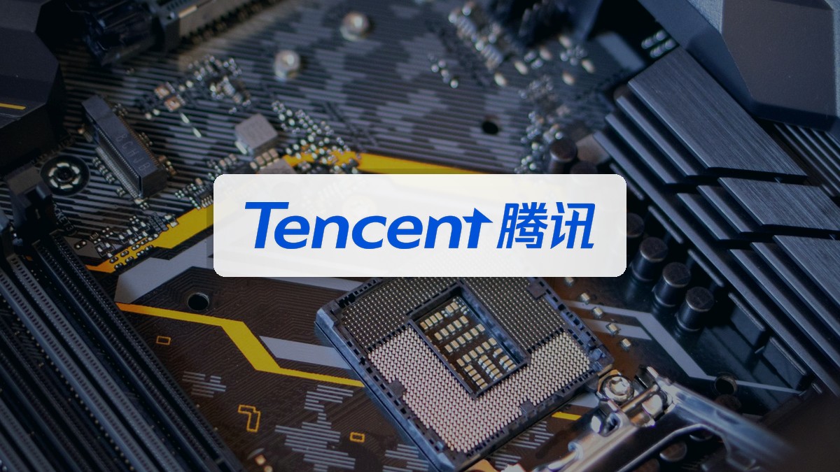 Editorial cover: official Tencent logo on photoreal neon AI tech workspace for Gander duplex chat explainer.