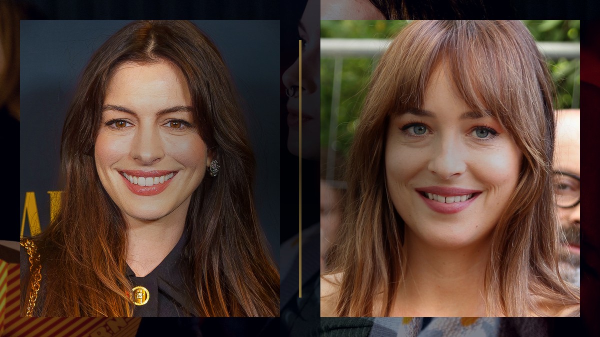Editorial cover: real Wikimedia photos of Anne Hathaway and Dakota Johnson on dark thriller cinema mood for Verity movie 2026.