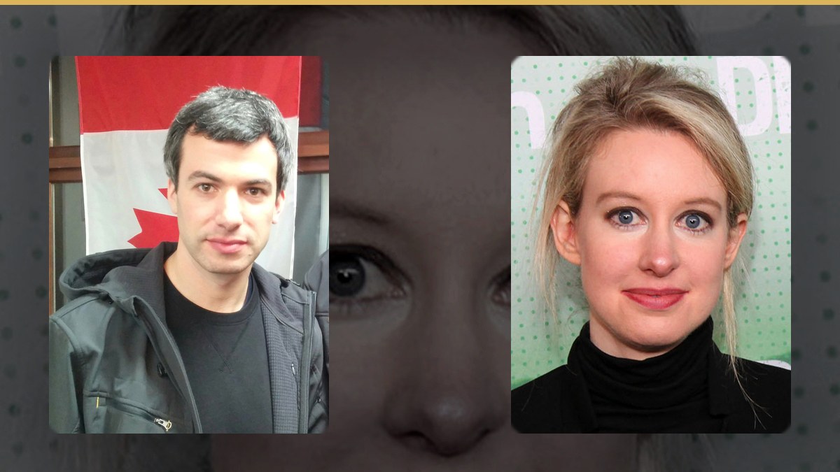 Editorial cover: real photographs of Nathan Fielder and Elizabeth Holmes for A24 documentary You Can See Everything.