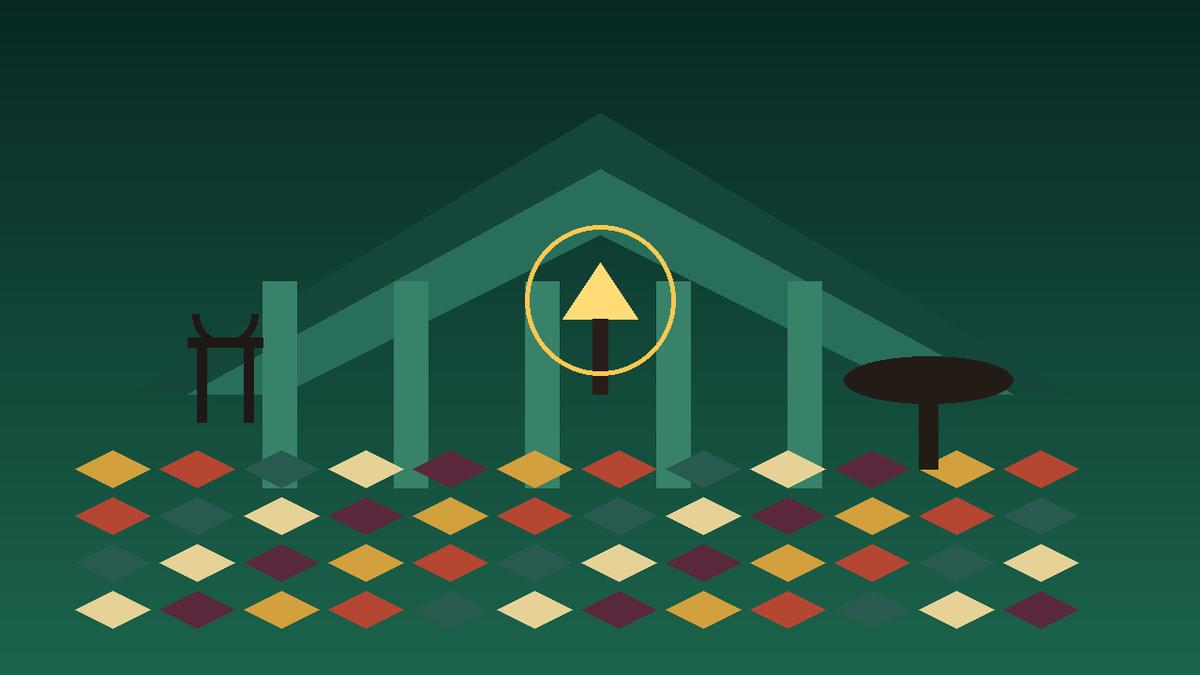 Conceptual tropical modernist pavilion mosaic of furniture silhouettes and batik geometry, no people