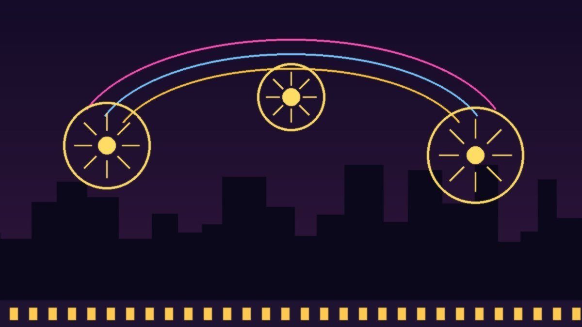 Conceptual neon Music City skyline with glowing film reels and sprocket strip, purple and gold editorial illustration, no people