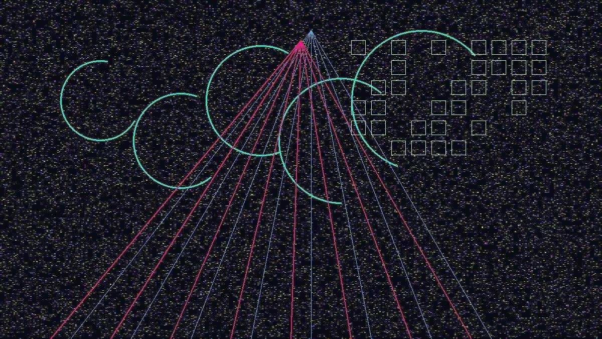 Conceptual glitch pixel field with unfinished circles and magenta-cyan laser beams, Against Resolution editorial art, no people