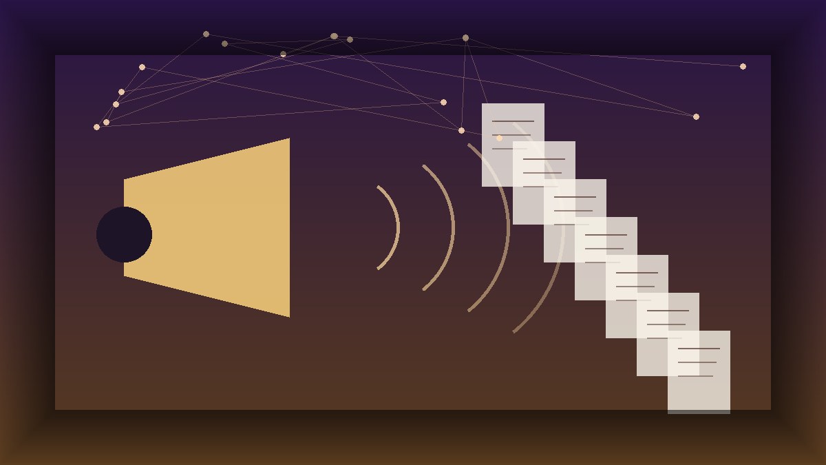 Conceptual megaphone, floating book pages and talking-circle dots on purple-gold field, editorial abstract, no people