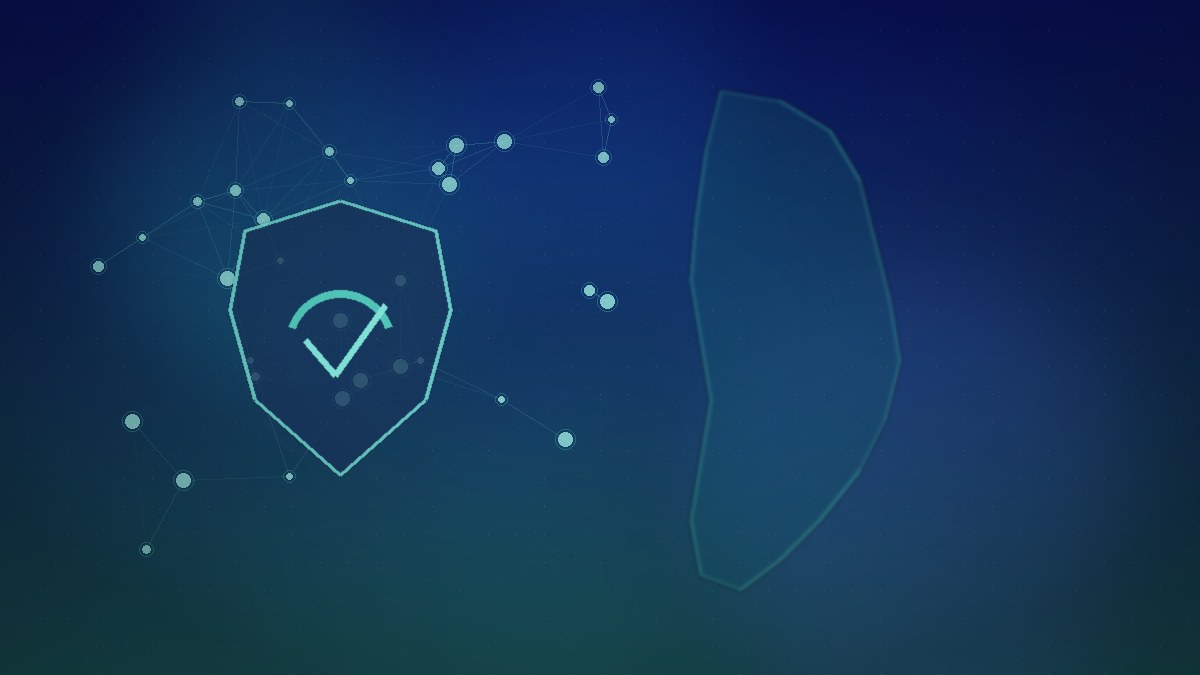Abstract teal-indigo shield over network nodes and stylised India silhouette, editorial cyber-safety art, no people