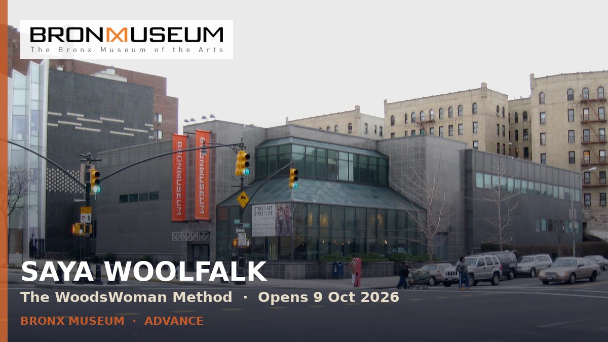 Photoreal editorial cover: Bronx Museum of the Arts exterior on Grand Concourse with official museum logo; Saya Woolfalk The WoodsWoman Method opens 9 Oct 2026. Non-face project cover.