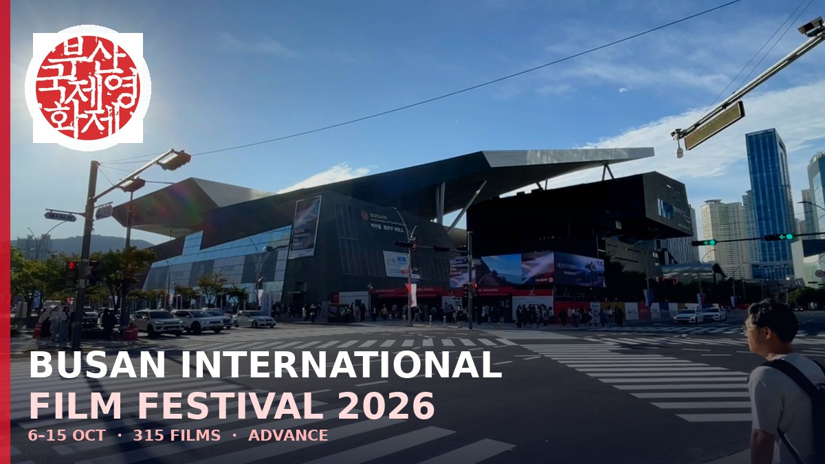 Photoreal editorial cover: Busan Cinema Center during BIFF with official BIFF logo mark; Busan International Film Festival 2026 dates 6–15 October.