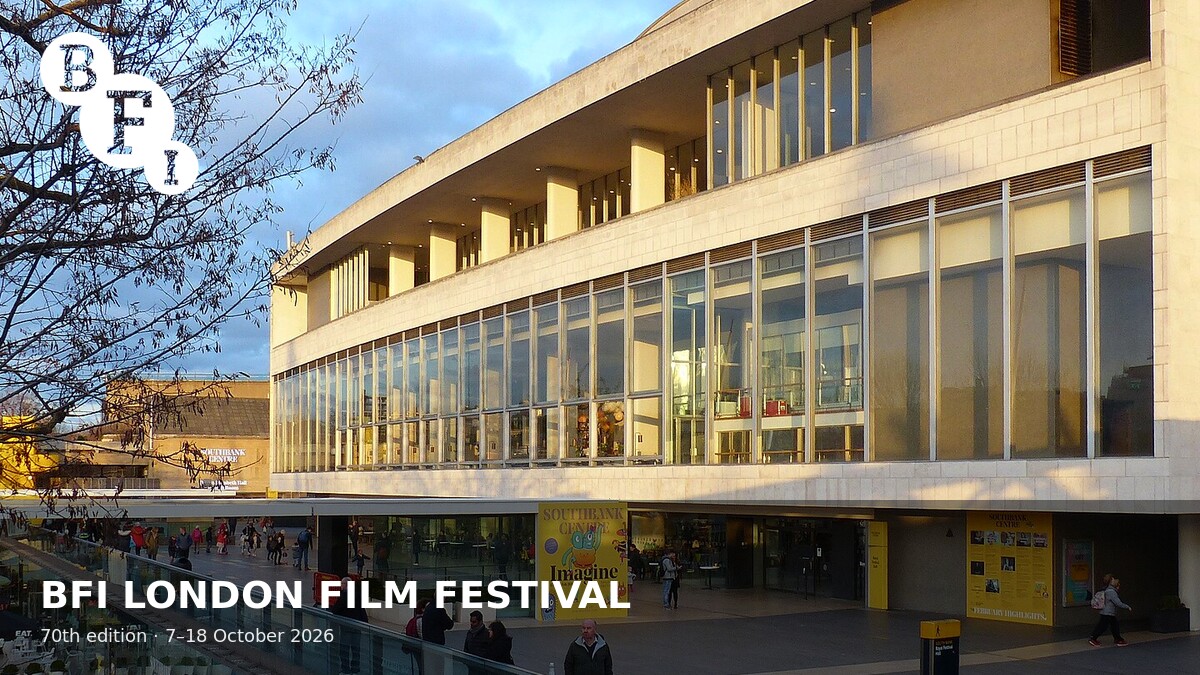 Photoreal editorial cover: Royal Festival Hall Southbank exterior with official BFI logo for 70th BFI London Film Festival 7–18 Oct 2026 dates and lineup guide.