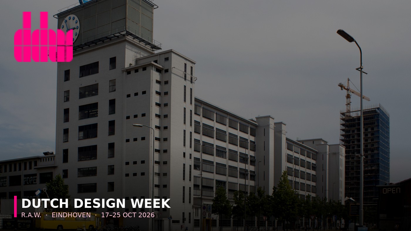 Photoreal editorial cover: Eindhoven Klokgebouw Strijp-S with official Dutch Design Week logo mark for DDW 2026 R.A.W. 17–25 Oct dates guide.