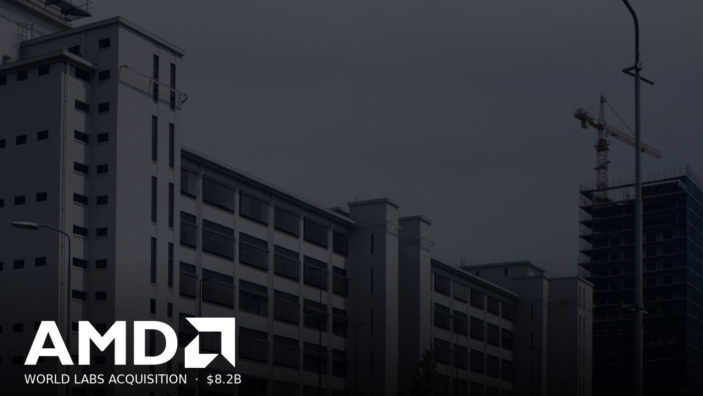 Photoreal editorial cover with official AMD logo on real industrial photograph for AMD World Labs $8.2B acquisition guide.