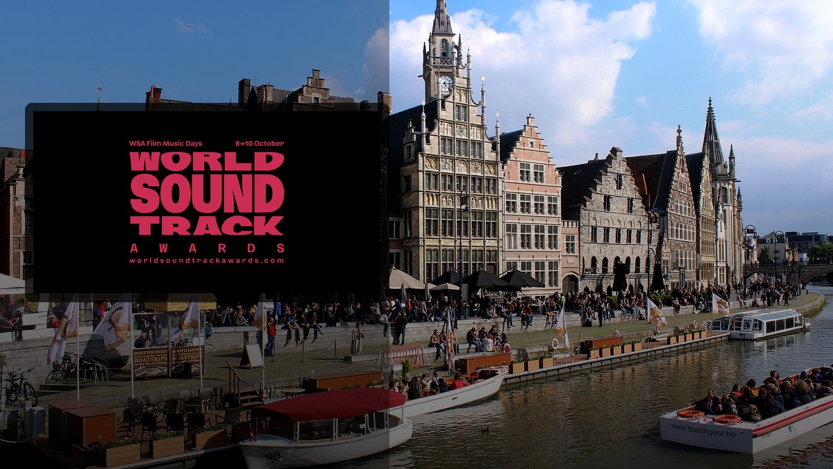 Photoreal Ghent Graslei riverside with official WSA Film Music Days brand plate for World Soundtrack Awards 2026 guide.