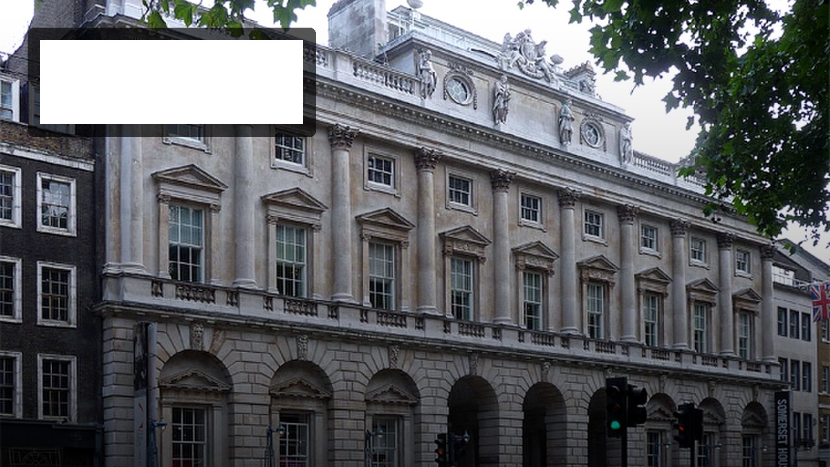 Photoreal Somerset House / Courtauld exterior with official Courtauld logo for Salman Toor Someone Like You exhibition guide; person photo unavailable.