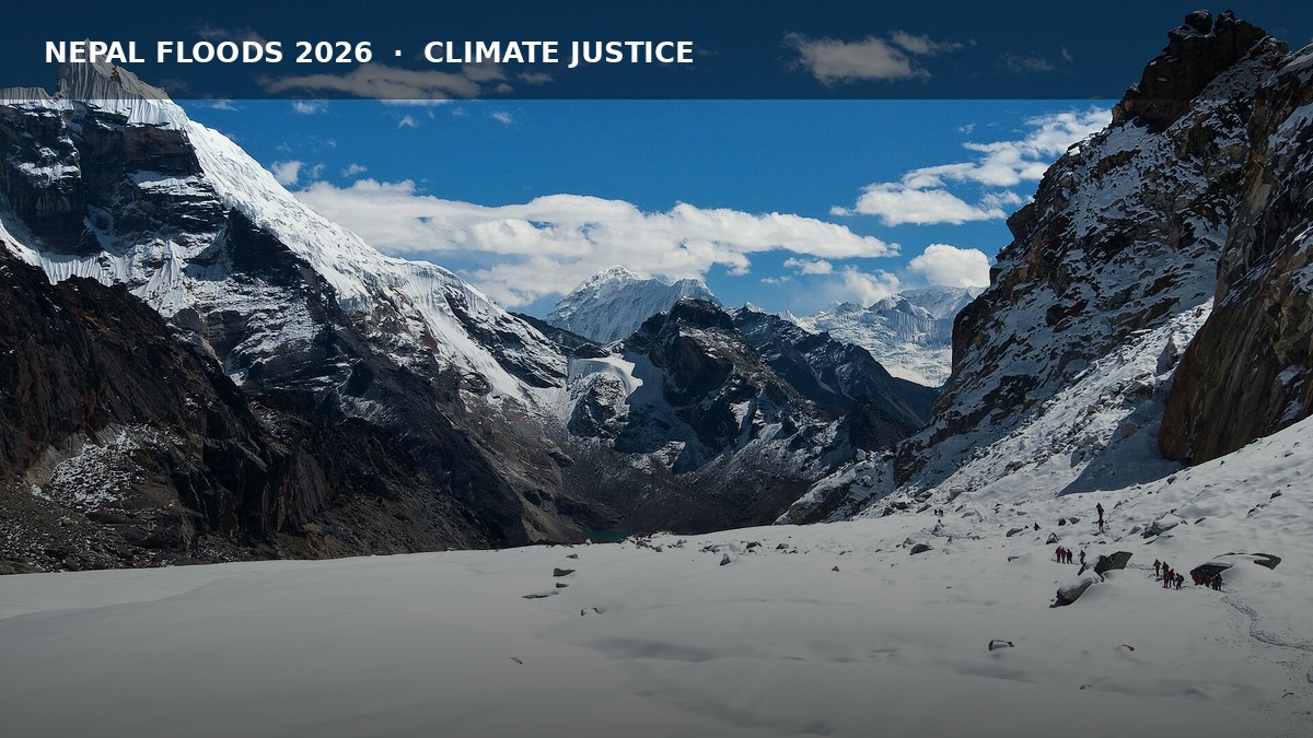 Photoreal Himalaya Nepal landscape for Nepal floods 2026 climate justice aid explainer; no faces.