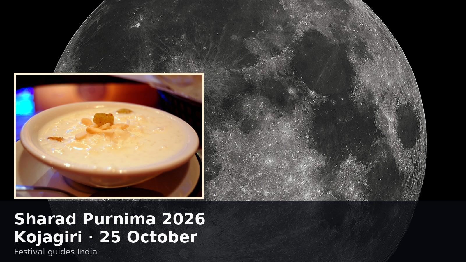 Photoreal full-moon editorial cover for Sharad Purnima / Kojagiri 2026 date guide — moonlight festival night, no cartoon.