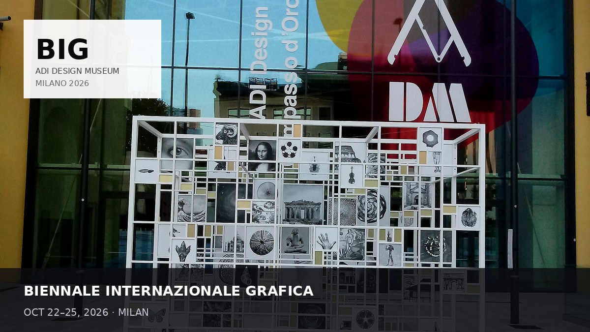 Photoreal ADI Design Museum Milan exterior with BIG / ADI brand panel for BIG 2026 graphic design biennale guide.