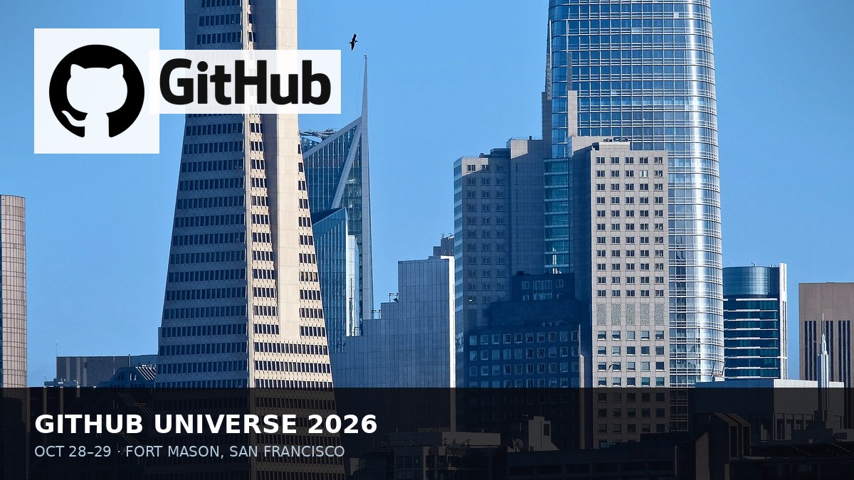Photoreal Fort Mason San Francisco with official GitHub Invertocat logo for Universe 2026.