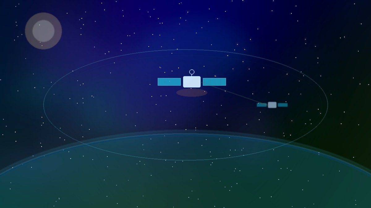 Abstract orbital AI satellite with solar arrays and laser-link glow over Earth curve, deep indigo-teal space art, no people or logos