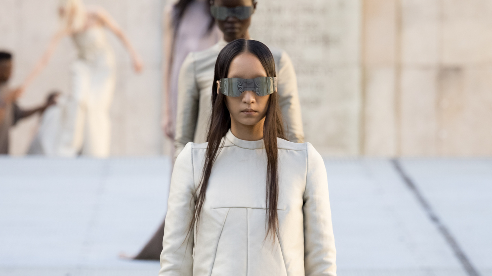 Rick Owens SS27 Stone: Elegant Stoicism Column Dresses at Palais de Tokyo