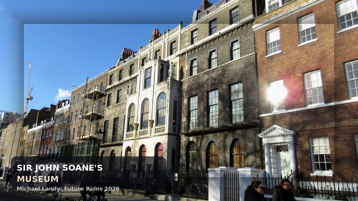 Photoreal Sir John Soane's Museum exterior with museum brand wordmark for Michael Landy Future Ruins 2026 guide.
