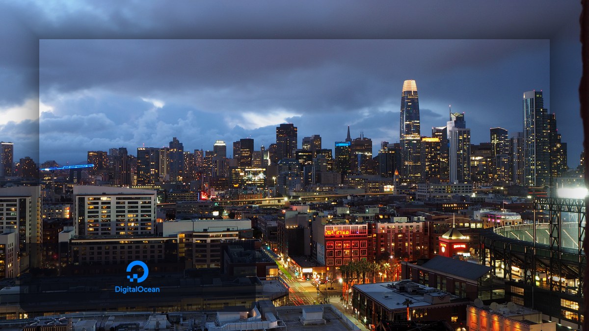 Photoreal San Francisco skyline with official DigitalOcean logo for Open Intelligence Summit 2026 guide.