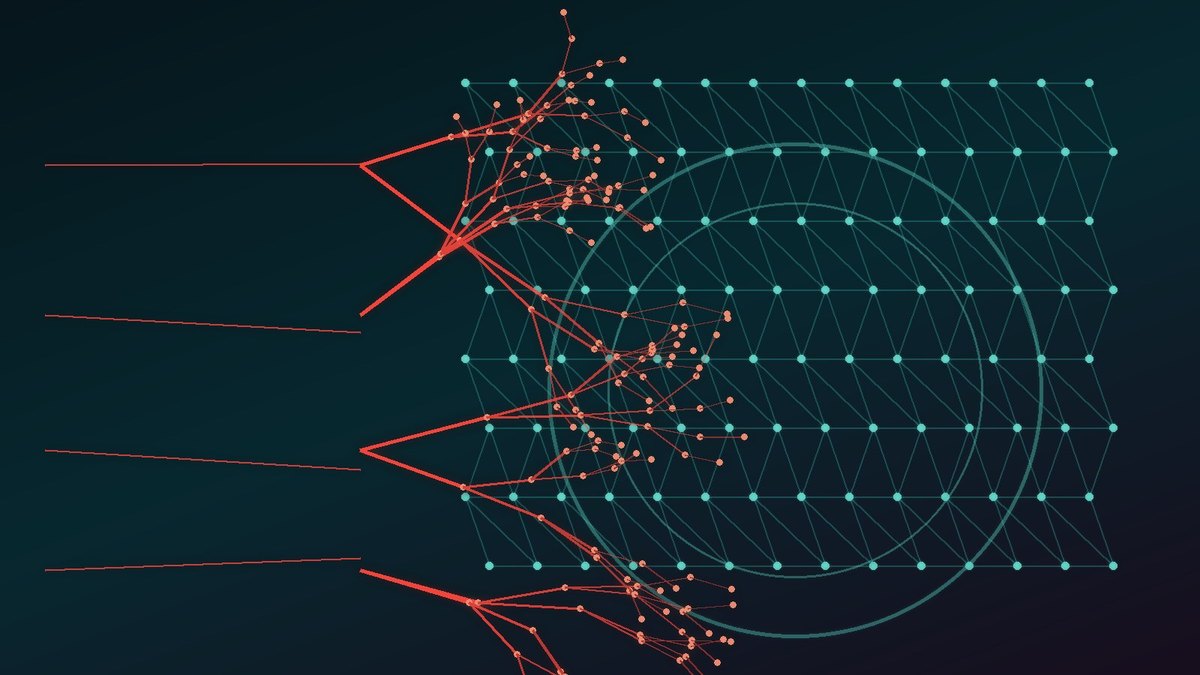 Abstract teal lattice shield pierced by branching red probe lines on dark background; conceptual cybersecurity art, no people, logos or text
