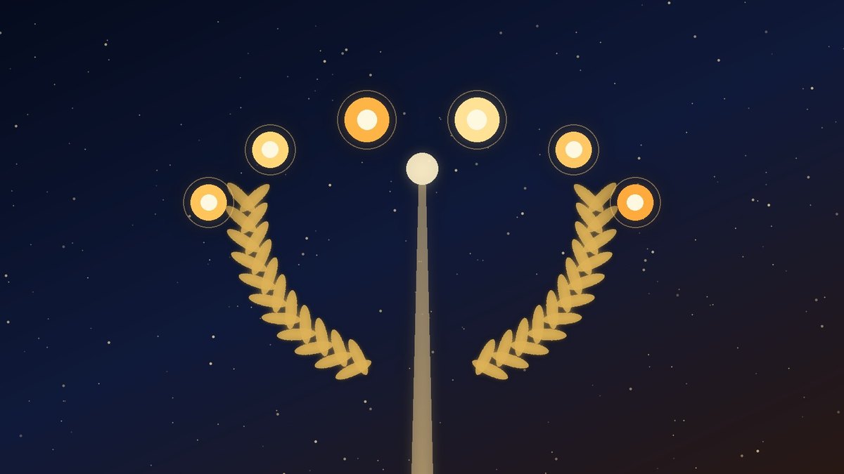 Golden laurel wreath beneath six glowing orbs and a rising beam of light on a starry navy sky; conceptual art for Nobel week, no people, logos or text