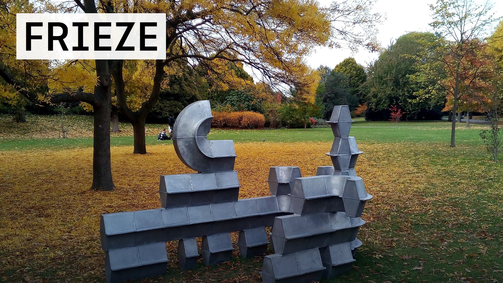 Real photograph of Frieze Sculpture in The Regent's Park with the official Frieze logo for the Frieze London 2026 dates and tickets guide.