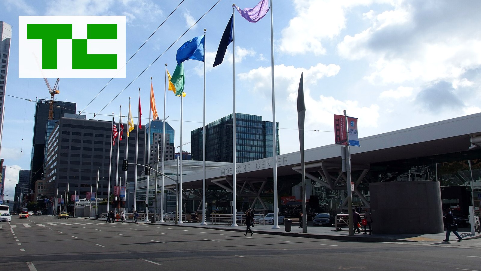 Real photograph of Moscone Center, San Francisco with the official TechCrunch logo for the TechCrunch Disrupt 2026 guide.