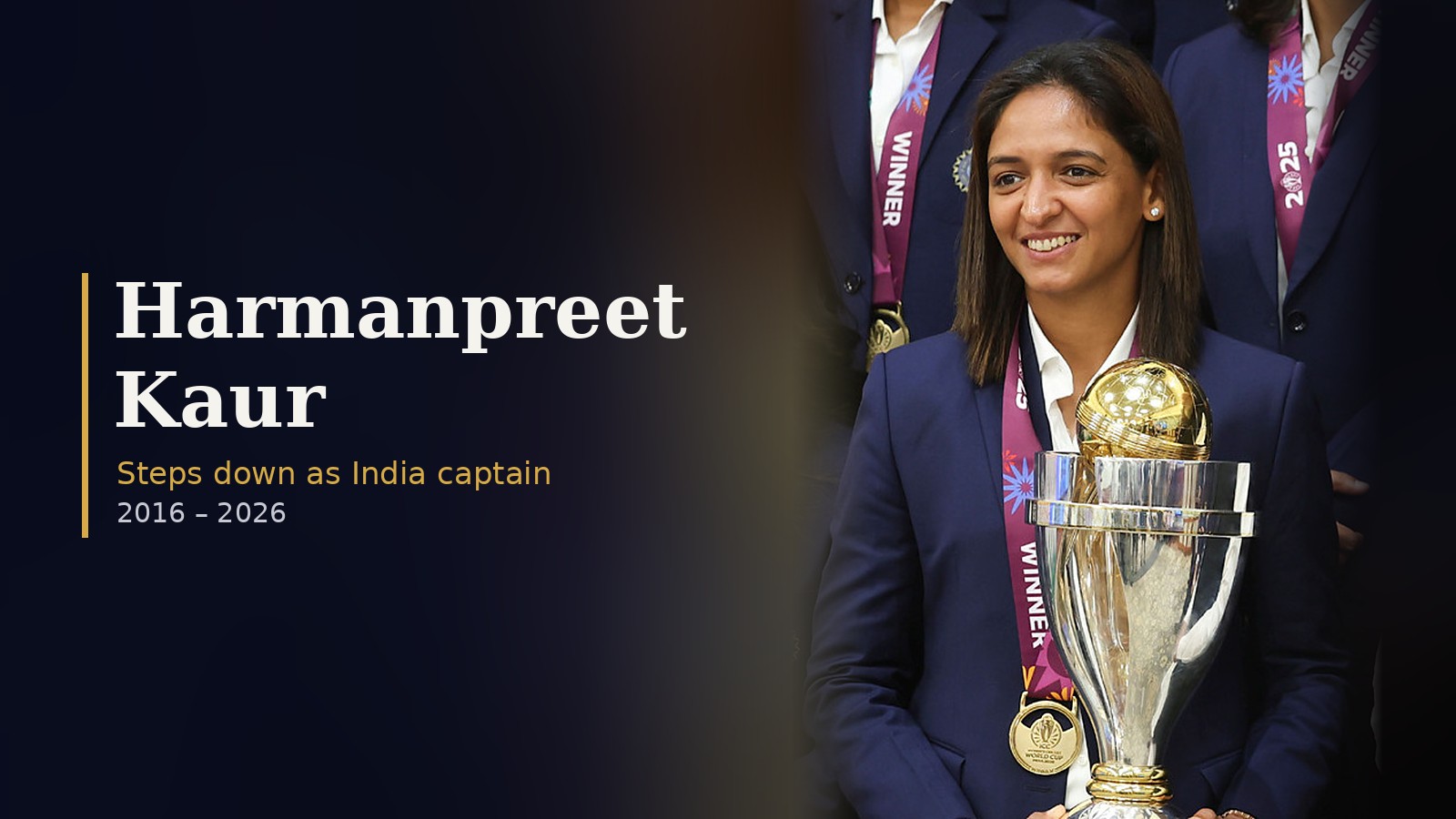 Harmanpreet Kaur smiling in an India team blazer, holding the 2025 Women's Cricket World Cup trophy with a winner's medal, New Delhi, November 2025